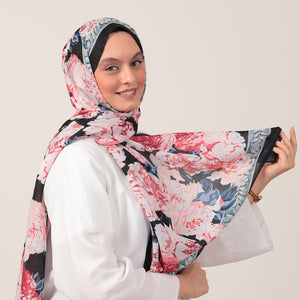 Pamuk İpek Şal - Floral Desen - Siyah Pudra