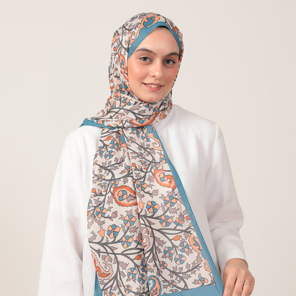 Pamuk İpek Şal - Etnik Floral Desen - Çakmak Taşı