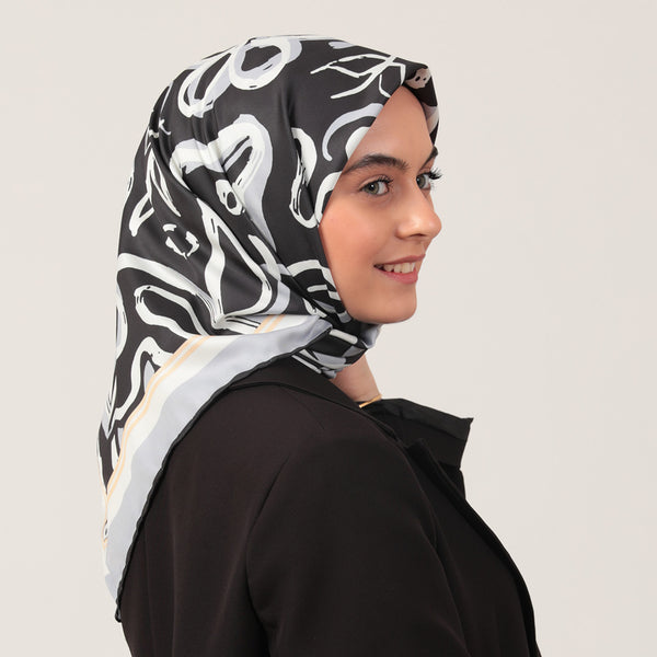 Twill Eşarp - İlkbahar Desen - Siyah Gri