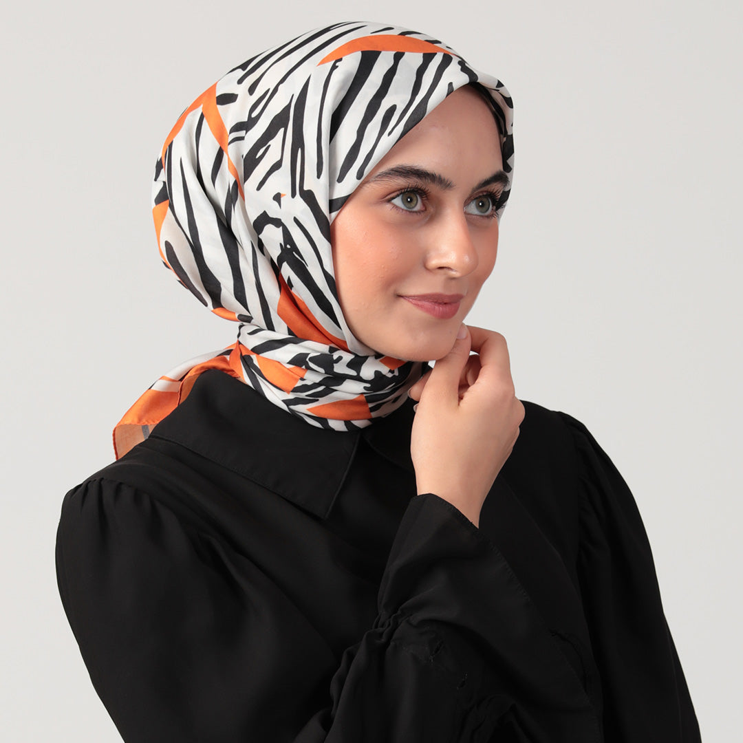 Pamuk İpek Eşarp - Zebra Desen - Oranj