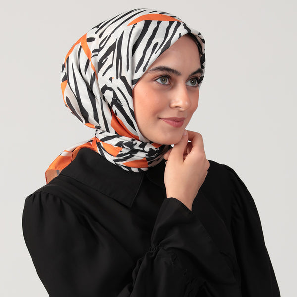 Pamuk İpek Eşarp - Zebra Desen - Oranj