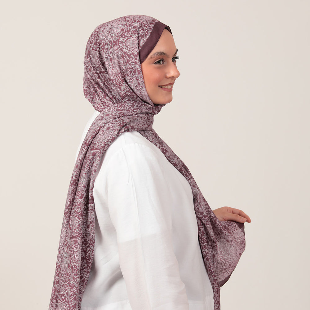 Pamuk İpek Şal - Mandala Desen - Mürdüm