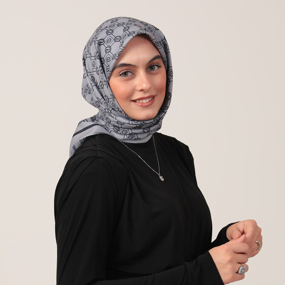 Pamuk İpek Eşarp - Monogram Desen - Gri Lacivert