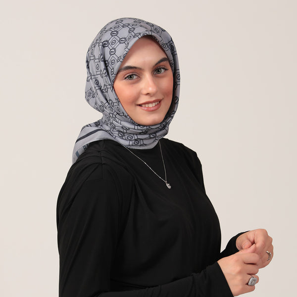 Pamuk İpek Eşarp - Monogram Desen - Gri Lacivert