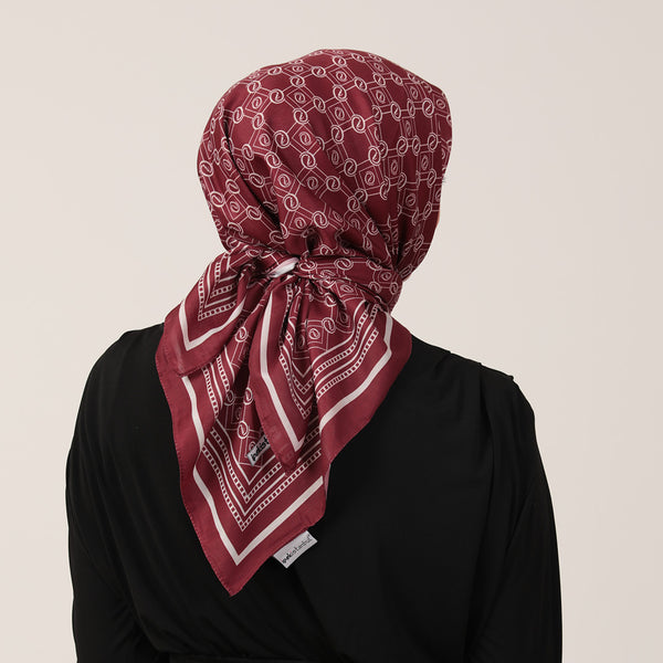 Pamuk İpek Eşarp - Monogram Desen - Bordo