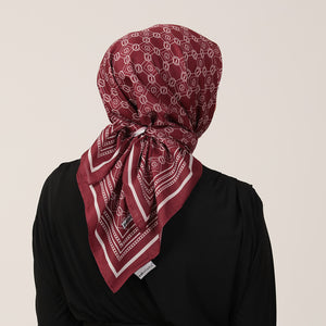 Pamuk İpek Eşarp - Monogram Desen - Bordo
