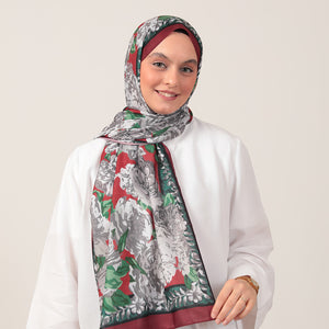 Pamuk İpek Şal - Floral Desen - Bordo