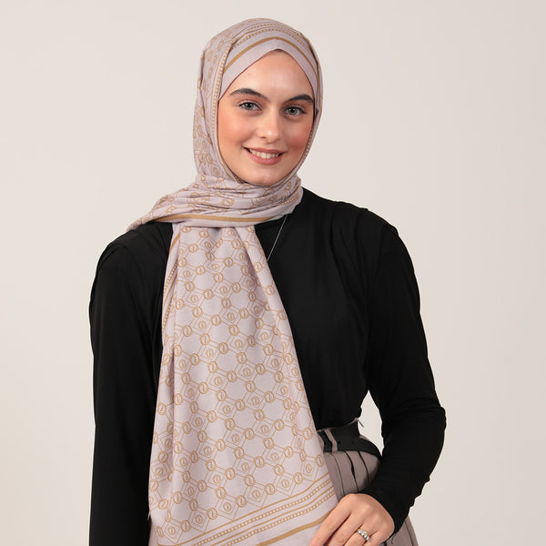Pamuk İpek Şal - Monogram Desen - Latte Gold