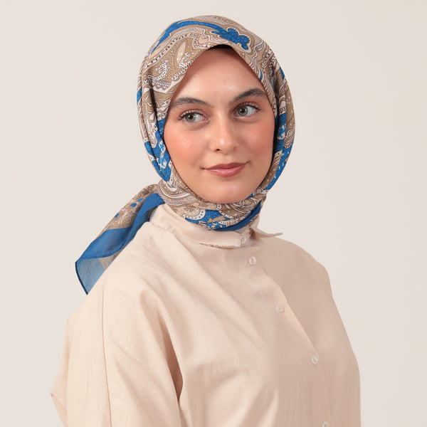 Pamuk İpek Eşarp - Hint Desen - Saks Gold