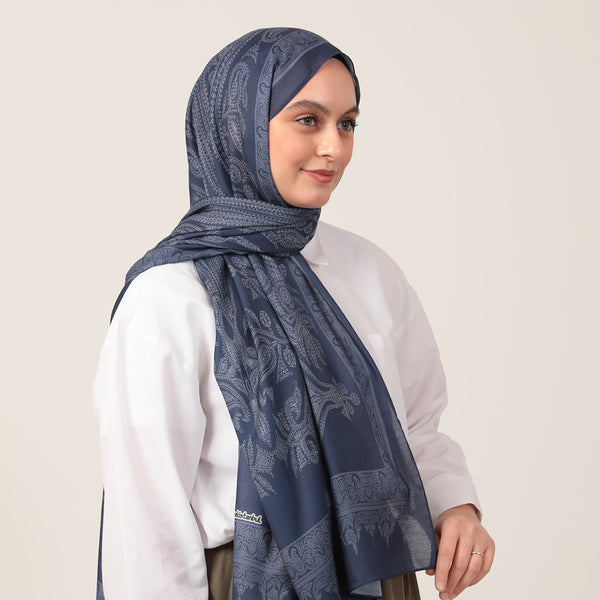 Pamuk İpek Şal - Mistik Desen - Parlament Mavisi
