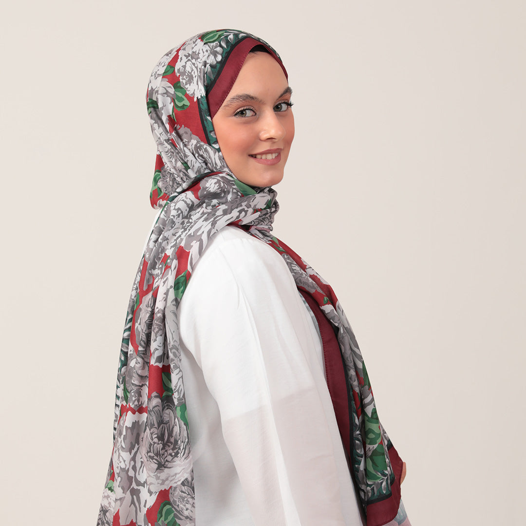 Pamuk İpek Şal - Floral Desen - Bordo
