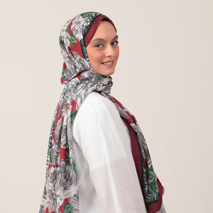Pamuk İpek Şal - Floral Desen - Bordo