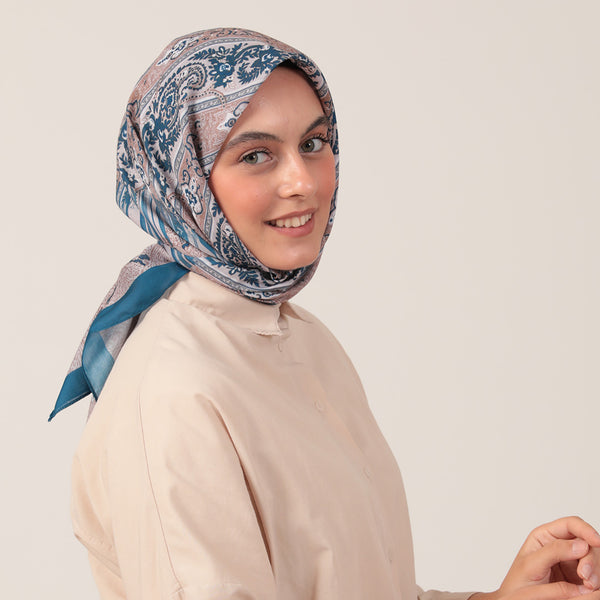 Pamuk İpek Eşarp - Etro Desen - Kot Mavi