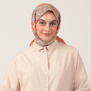 Pamuk İpek Eşarp - Hint Desen - Turuncu