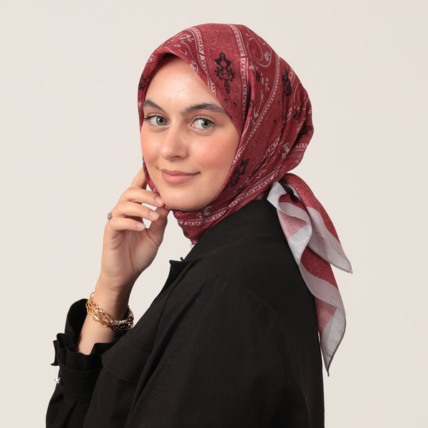 Pamuk İpek Eşarp - Etro Desen - Vişne