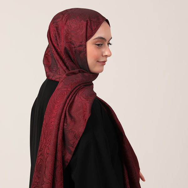 İpeksi Çift Taraflı Jakar Şal - Rose Desen - Bordo