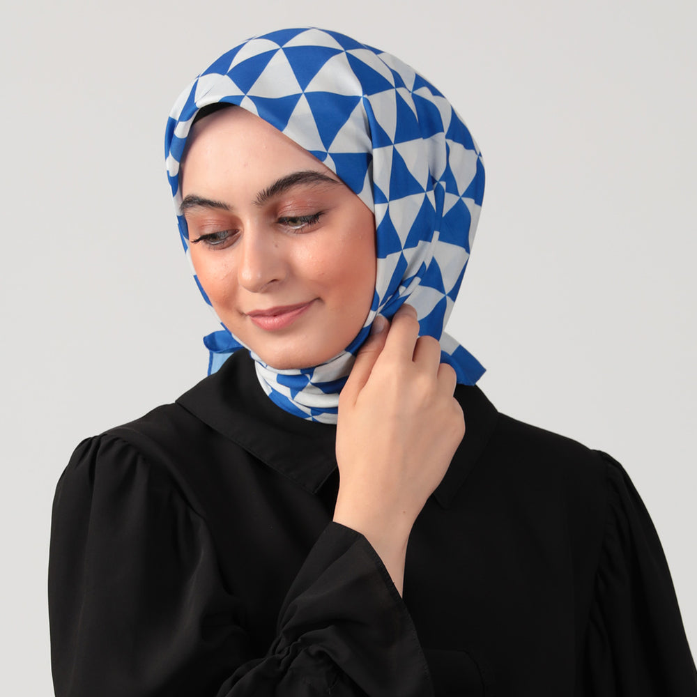 Pamuk İpek Eşarp - Üçgen Desen - Saks Mavi