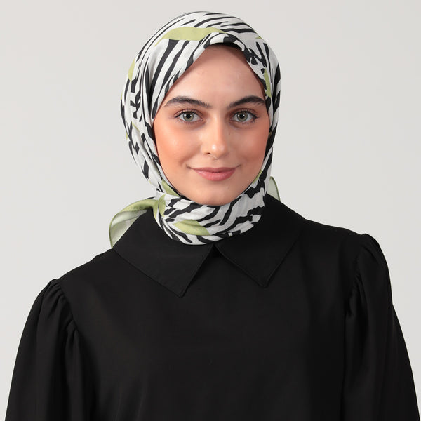 Pamuk İpek Eşarp - Zebra Desen - Yağ Yeşili