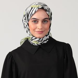 Pamuk İpek Eşarp - Zebra Desen - Yağ Yeşili