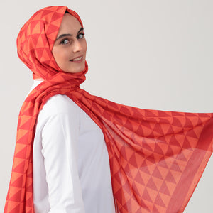 Pamuk İpek Şal - Üçgen Desen - Nar Çiçeği