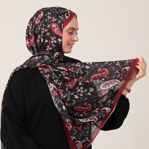 Pamuk İpek Şal - Etnik Floral Desen - Bordo Siyah