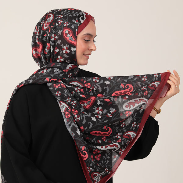 Pamuk İpek Şal - Etnik Floral Desen - Bordo Siyah