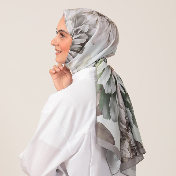 Pamuk İpek Şal - Lotus Desen - Haki Yeşili