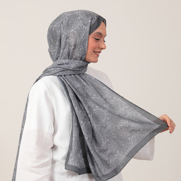 Pamuk İpek Şal - Mandala Desen - Gri