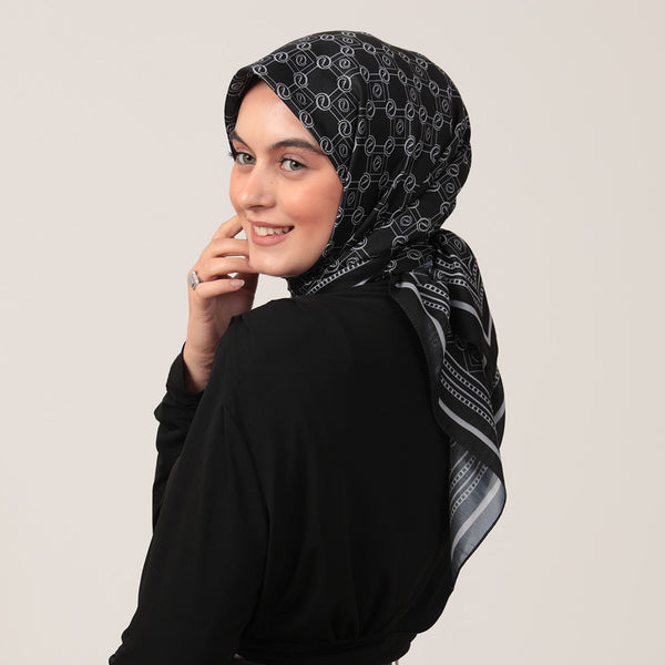 Pamuk İpek Eşarp - Monogram Desen - Siyah Gri