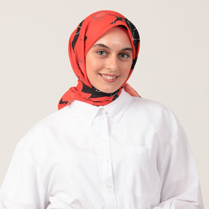 Pamuk İpek Eşarp - Manolya Desen - Kırmızı Siyah