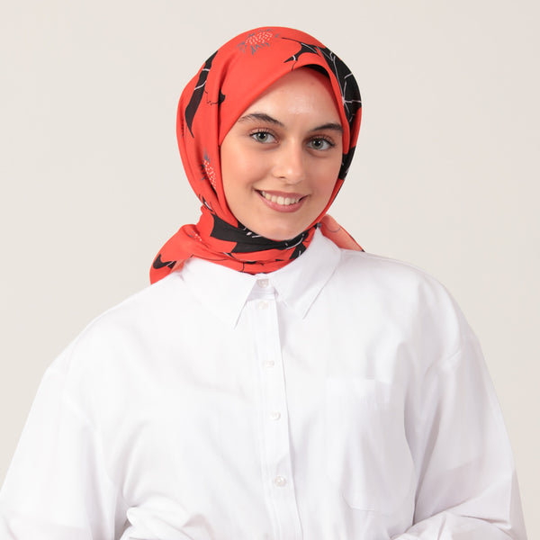 Pamuk İpek Eşarp - Manolya Desen - Kırmızı Siyah