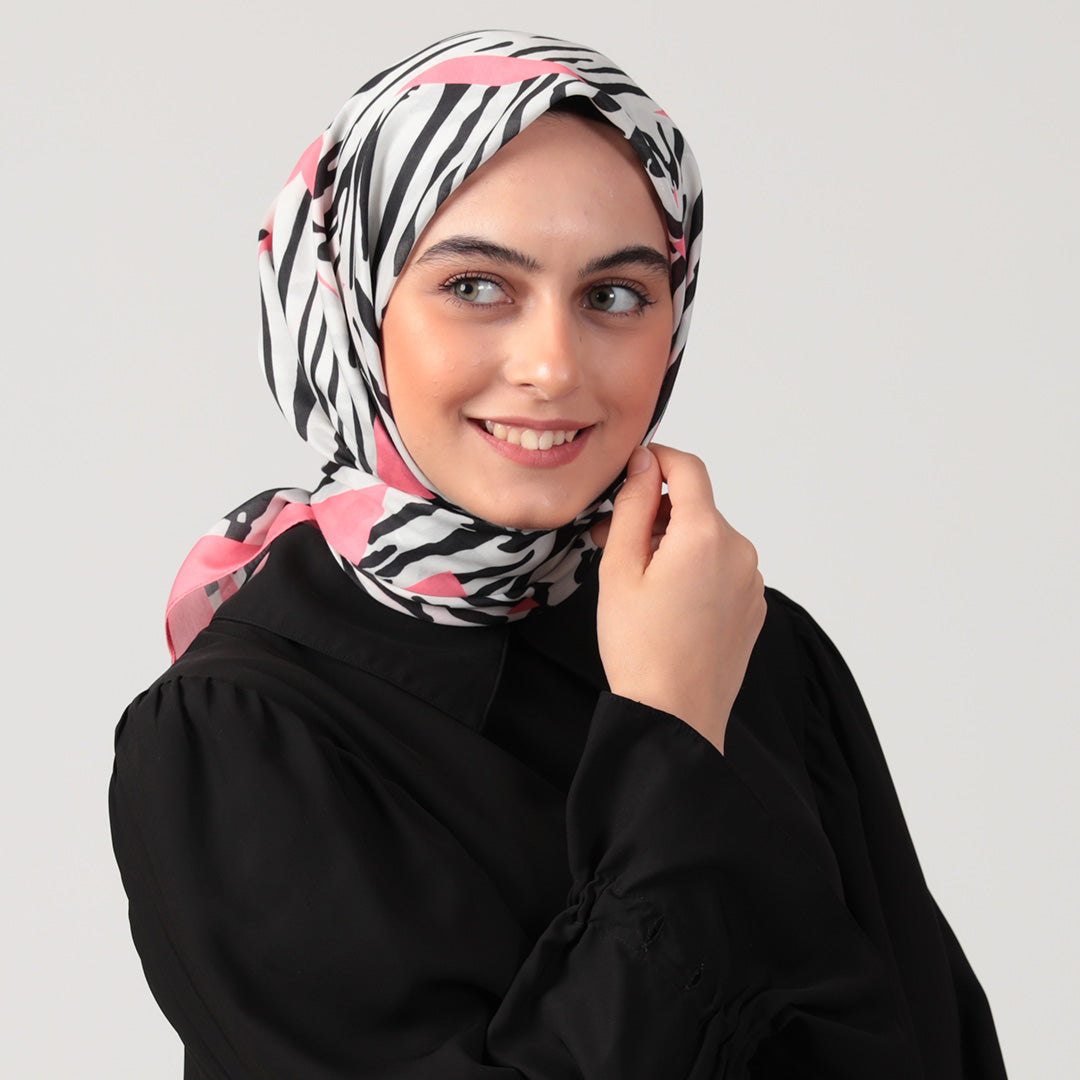 Pamuk İpek Eşarp - Zebra Desen - Şeker Pembe