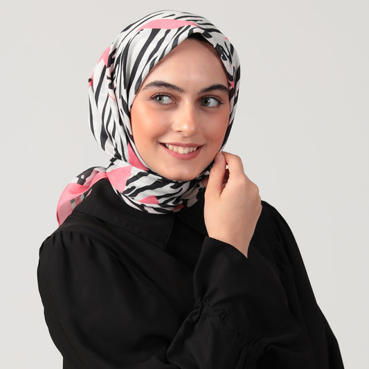 Pamuk İpek Eşarp - Zebra Desen - Şeker Pembe