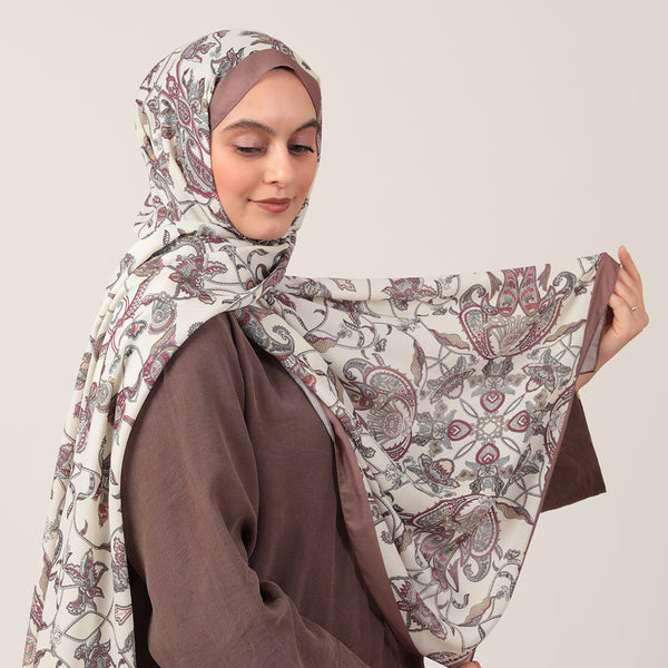 Pamuk İpek Şal - Paisley Çiçek Desen - Tatlı Kahve