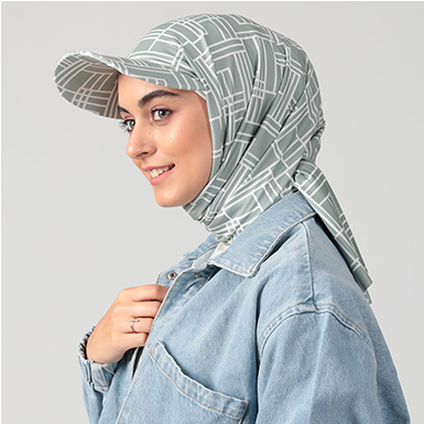ipekistanbul - Desenli Şapkalı Tesettür Şal - Geometrik - Mint