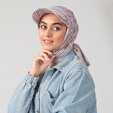 ipekistanbul - Desenli Şapkalı Tesettür Şal - Geometrik - Vizon