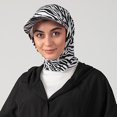 ipekistanbul - Desenli Şapkalı Tesettür Şal - Zebra - Siyah
