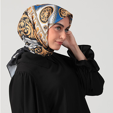 ipekistanbul - Pamuk İpek Eşarp - Barok Desen - Saks Mavi