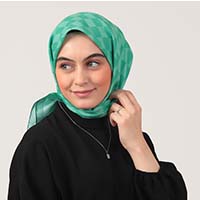 Pamuk İpek Eşarp - Dama Desen - Benetton Yeşili - Thumbnail