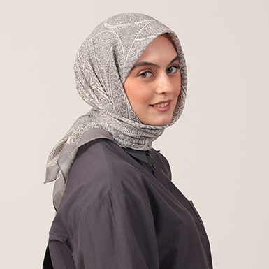 ipekistanbul - Pamuk İpek Eşarp - Henna Desen - Gümüş Gri