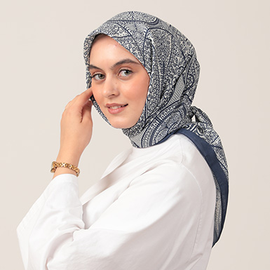 ipekistanbul - Pamuk İpek Eşarp - Henna Desen - Lacivert Ekru