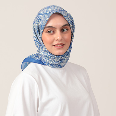 ipekistanbul - Pamuk İpek Eşarp - Henna Desen - Saks Mavisi
