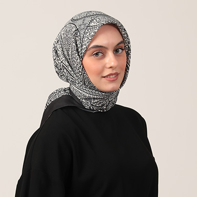 ipekistanbul - Pamuk İpek Eşarp - Henna Desen - Siyah Ekru
