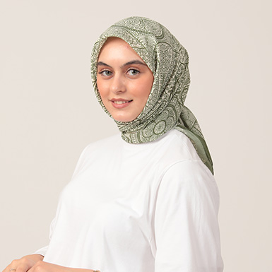 ipekistanbul - Pamuk İpek Eşarp - Henna Desen - Yeşil Ekru