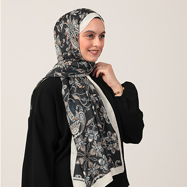 ipekistanbul - Pamuk İpek Şal - Paisley Çiçek Desen - Siyah Krem