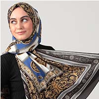 Pamuk Krep Şal - Barok Desen - Saks - Thumbnail