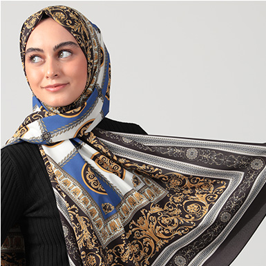 ipekistanbul - Pamuk Krep Şal - Barok Desen - Saks