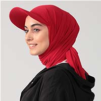 Şapkalı Tesettür Şal - Kırmızı - Thumbnail
